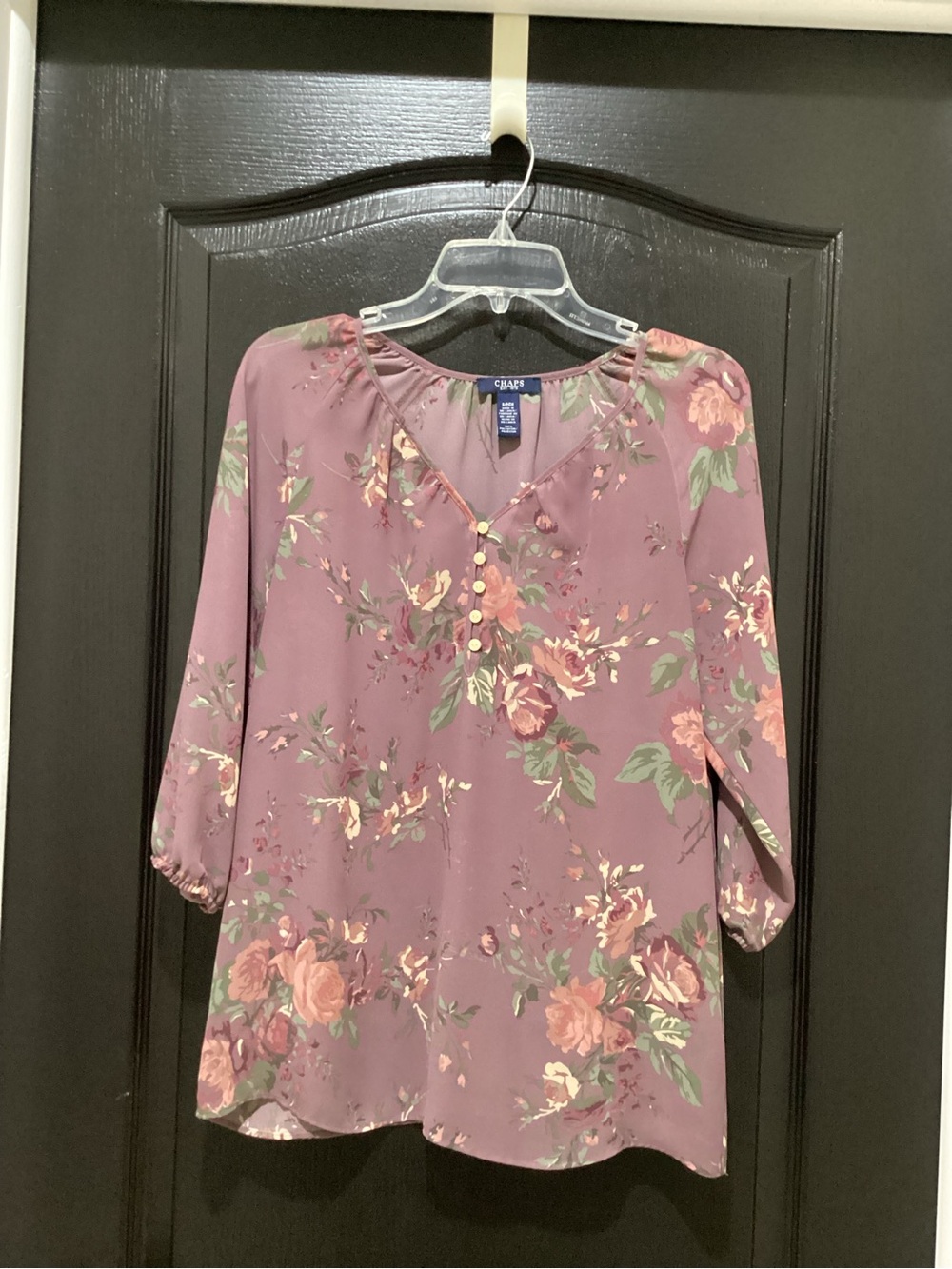 Chaps Mauve Floral V-Neck Button Blouse